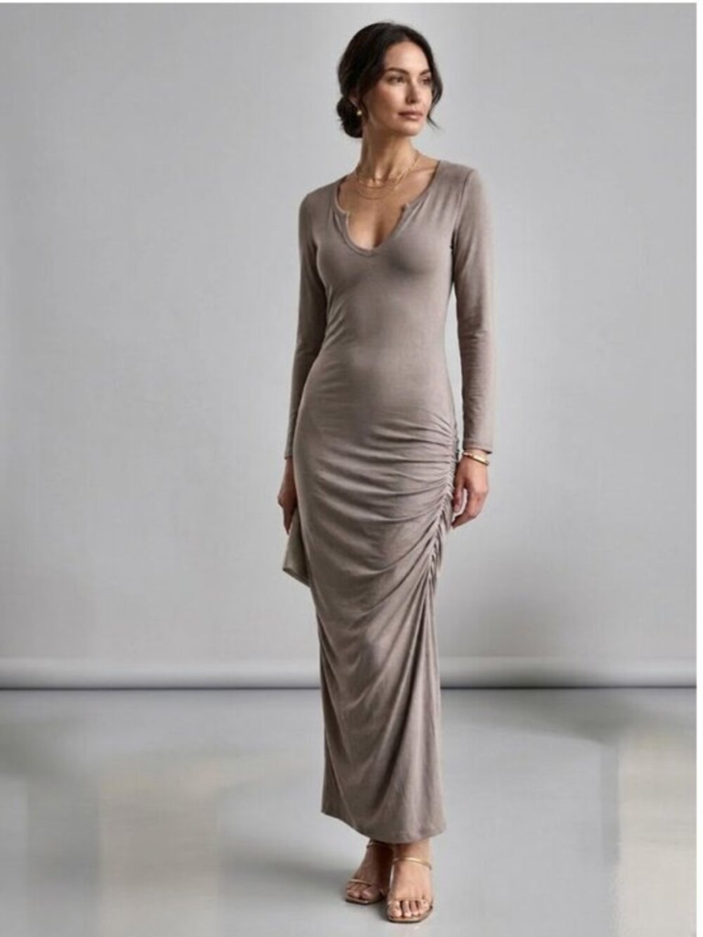 James Perse Cotton Spandex Asymmetric Ruched Side Dress, Gray, Womens Size 2